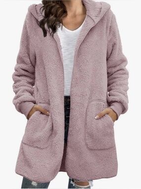 Oversized Women’s Hooded Open Front Fleece Sherpa Jacket Cardigan Coat Size M